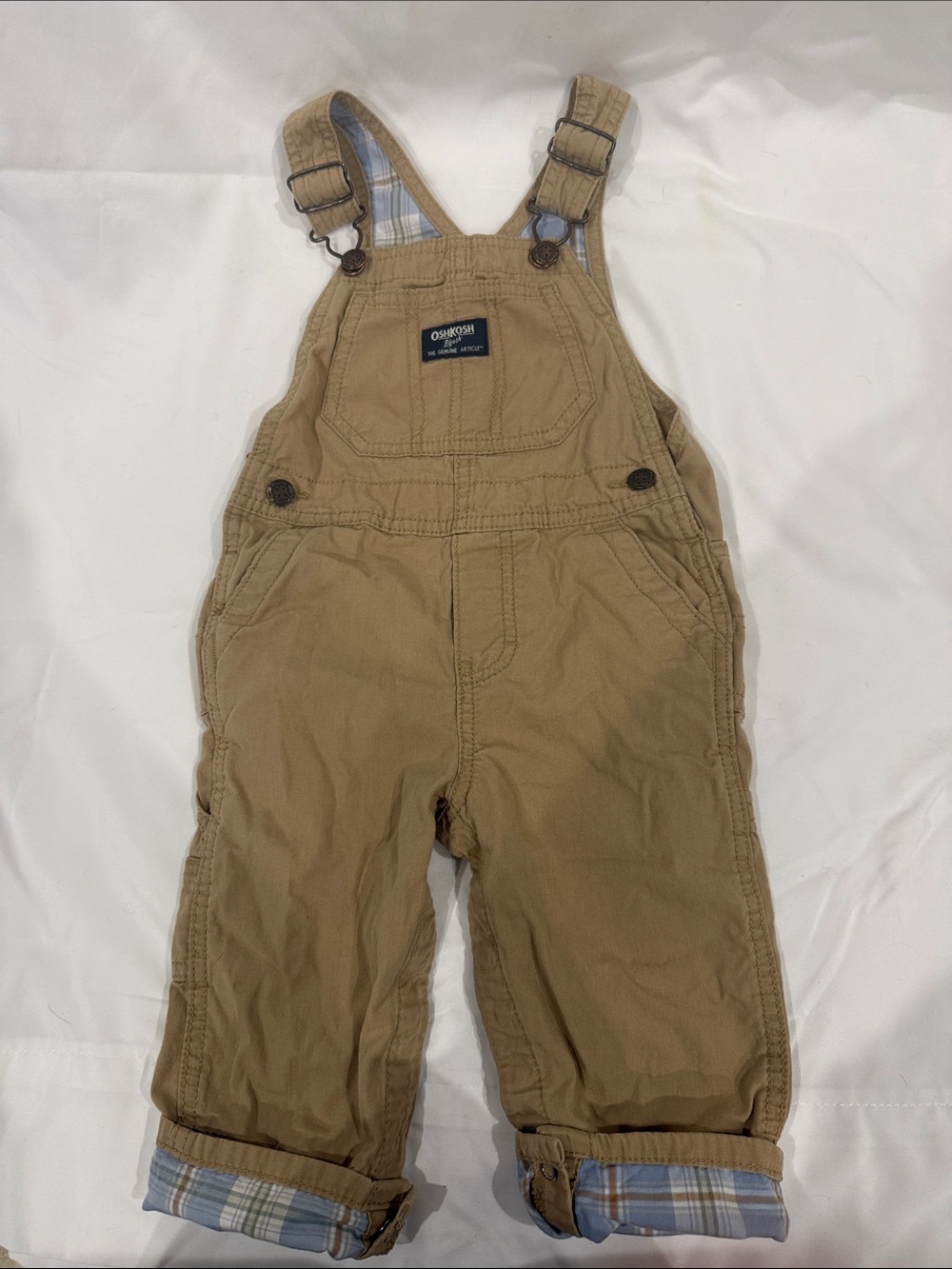 OshKosh B'gosh Khaki Tan Plaid-Cuff Kids Overalls